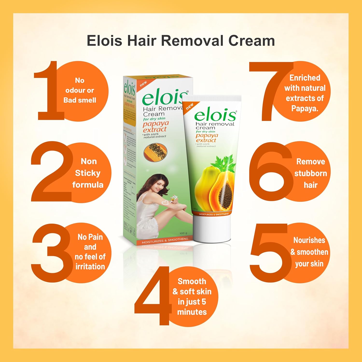 Elois Papaya Hair Removing Cream for Dry Skin | Hair Removal Cream for Legs, Arms, Underarms, Bikini Area & Private Parts – 100g - Image 8